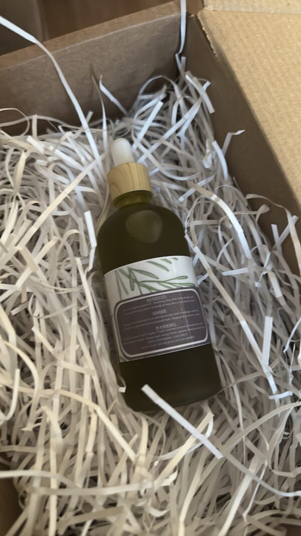 Ingredients list on the back of the bottle of Rosemary hair oil